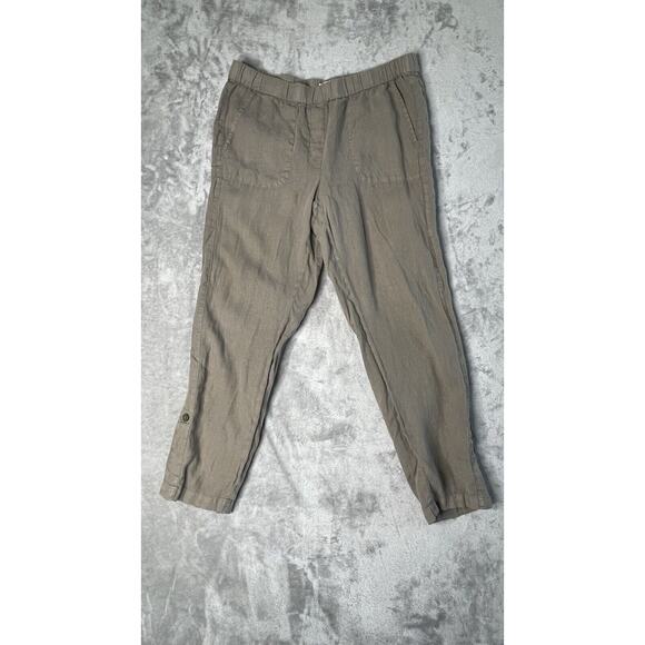 Pure Jill Pull On Linen Pants Women's Medium Olive Green Crop Cuffed Boho Beach - Picture 1 of 12